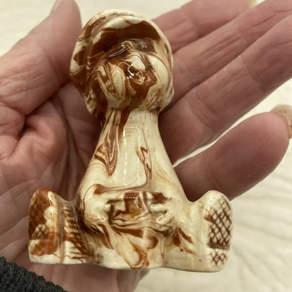 Handmade Glazed Boy with Little Dog Figurines Brown Swirl 2.5” Tall
